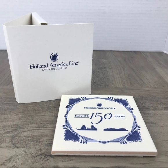 Holland America Line Boat SAILING 150 YEARS Blue White Ceramic Tile Coaster - Picture 2 of 7